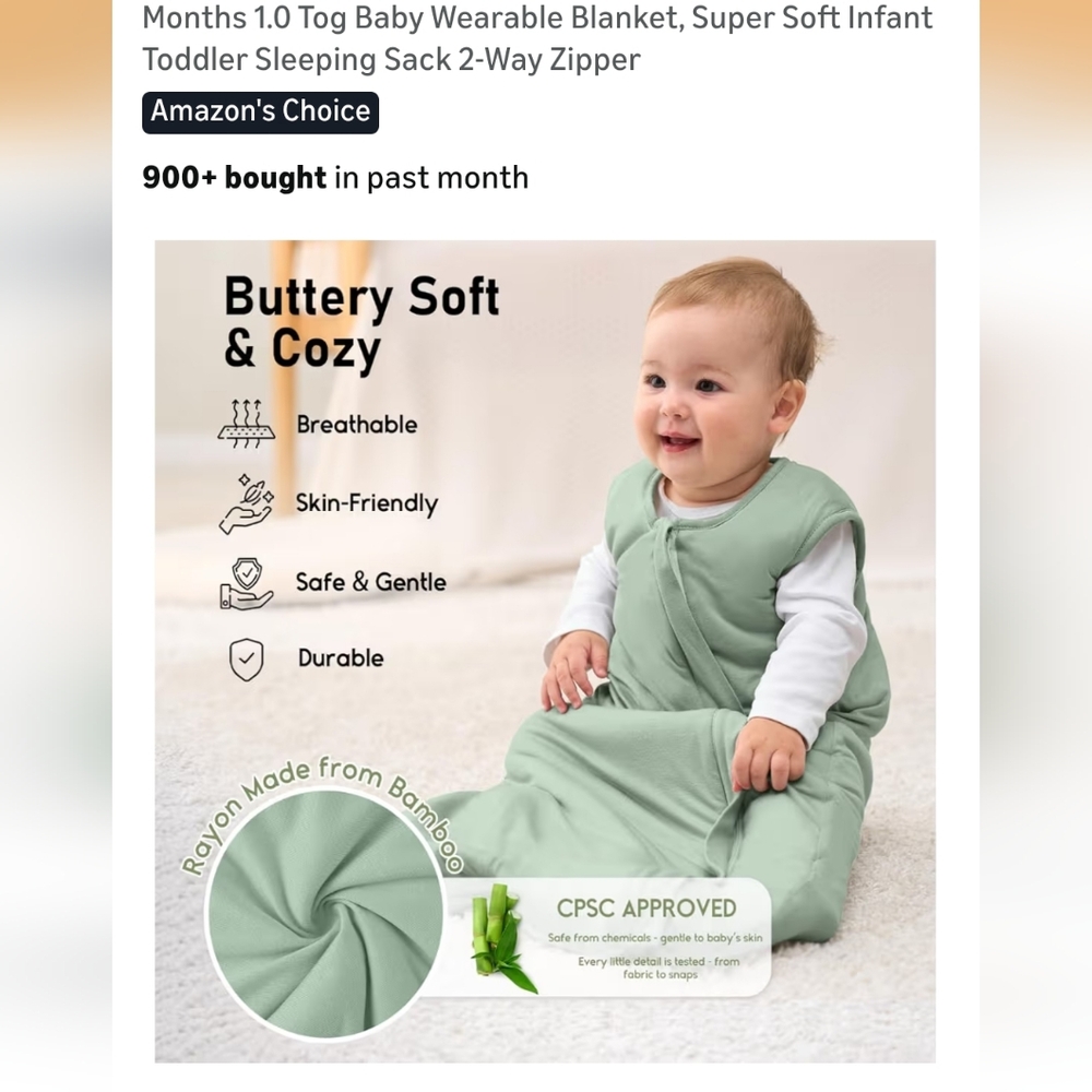 Green Baby Wearable Blanket Made From Bamboo 3-6 Months Super Soft Infant 2 Way